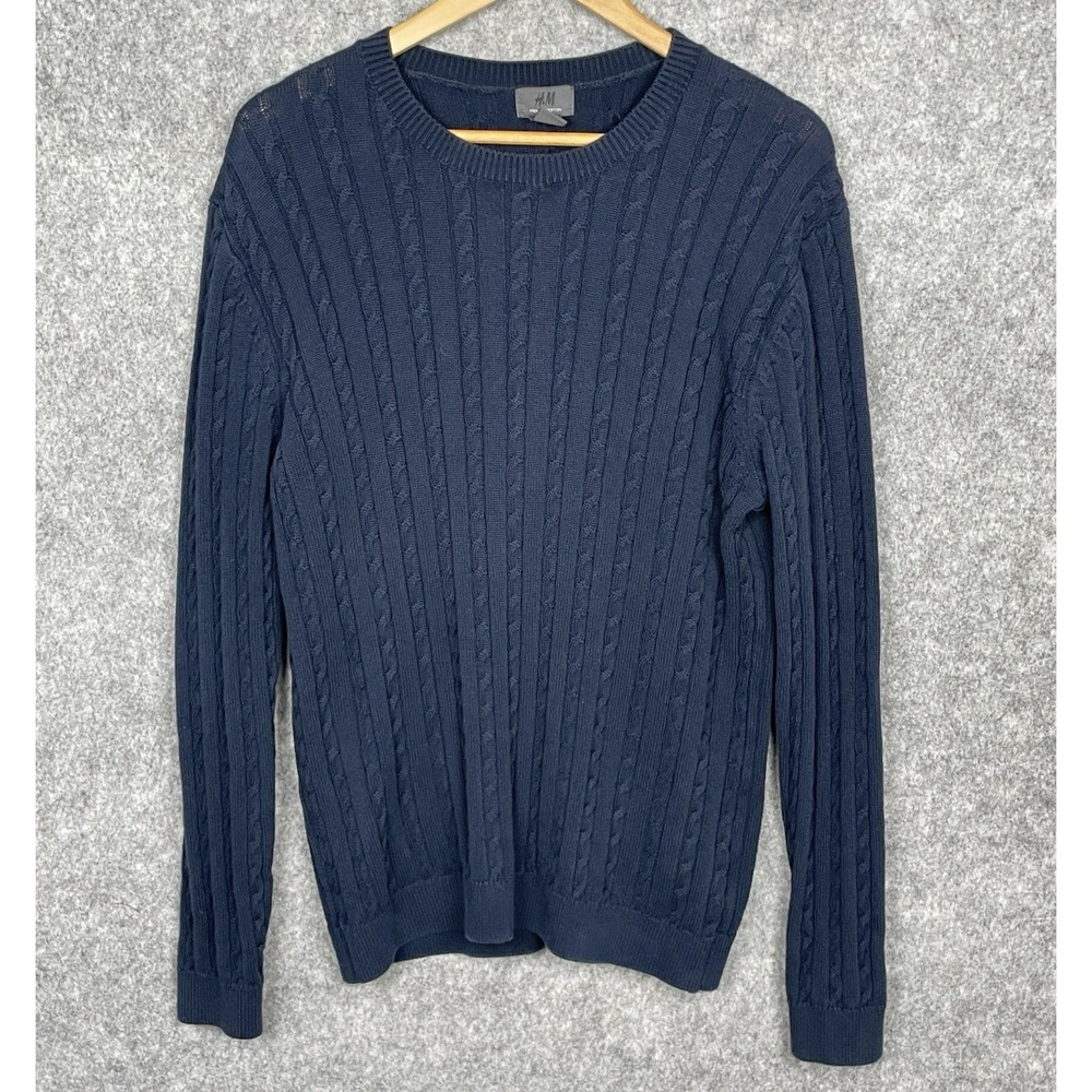 H&M Mens Preppy Cable Knit Navy Fisherman Sweater Size L Classic Cotton Academia